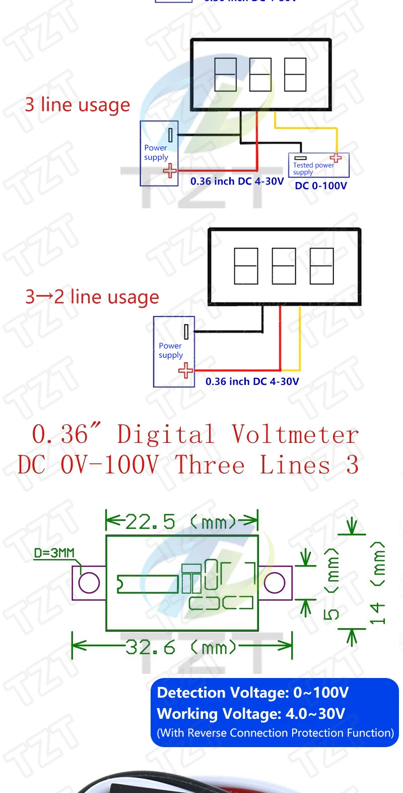 Digital Voltmeter 0,28/0,36/0,56 Zoll Digital Voltmeter Spannung Panel Meter Rot/Blau/Grün/Gelb Elektromobil Motorrad Auto – Detail 8