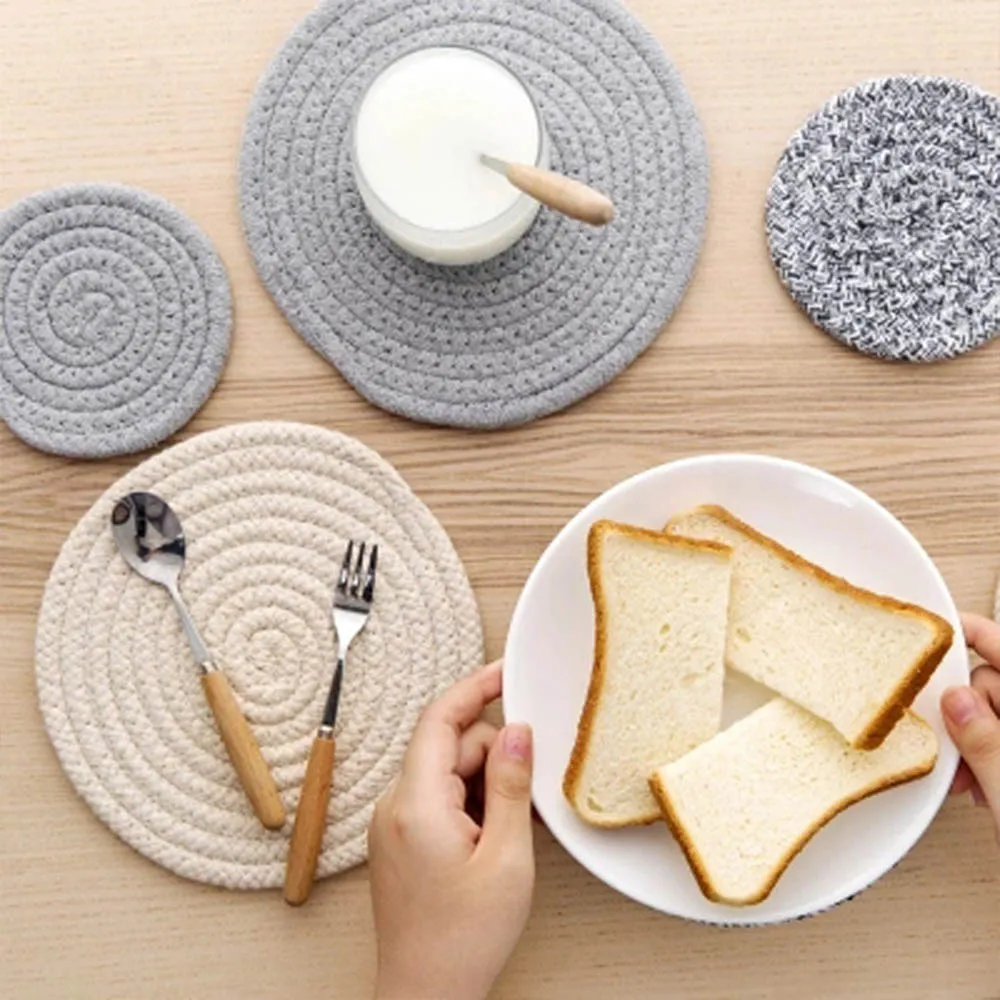 

Thicken Solid Color Cotton Line Table Mat Woven Cup Rattan Beverage Coaster Insulation Pad Kitchen Accessories