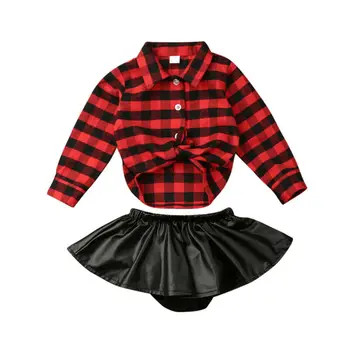 

Newborn Infant Toddler Kids Girls Clothes Set Long Sleeve Plaids Tops Shirt Leather Skirt 2PCS Autumn Girl Outfits Sets New