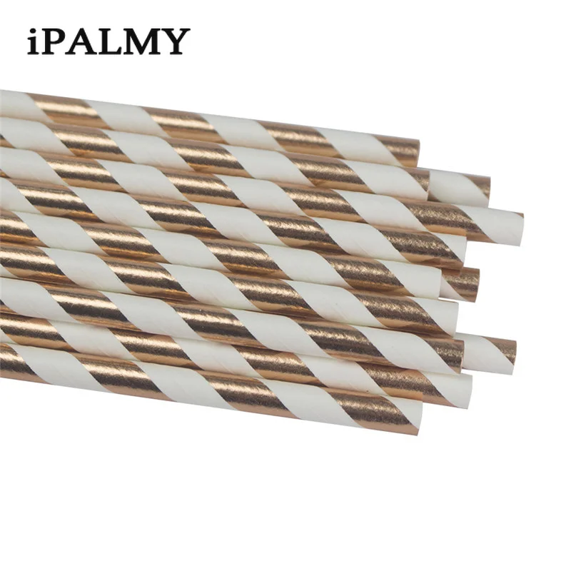 ipalmay 100pcs Eco-friendly Biodegradable Stripe Straws Rose Gold Silver Foil Gold Paper Drinking Straws for Party Decorations
