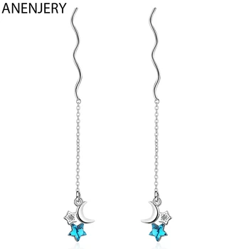 

ANENJERY Blue Crystal Star Moon Long Tassel Earring With 925 Sterling Silver Wave Chain Dangle Earring For Women S-E1026
