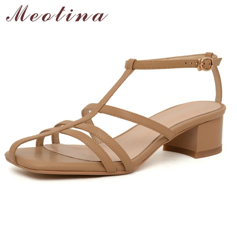 

Meotina T-Strap Sandals Women Narrow Band Real Leather Mid Heel Shoes Square Toe Block Heels Buckle Sandals Summer Beige Size 40