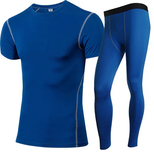 blue set Мужские компрессионные колготки, набор для бега, спортивный костюм для фитнеса, короткая футболка, леггинсы, штаны, спортивный костюм, комплект для йоги, мужская спортивная одежда - Цвет: blue set