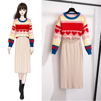 

New Lazy wind Ladies Knitted Sweater 2 Piece Set Autumn Runway Women Love Jacquard Pullover Tops + Skirt Two Piece Set Knit Suit