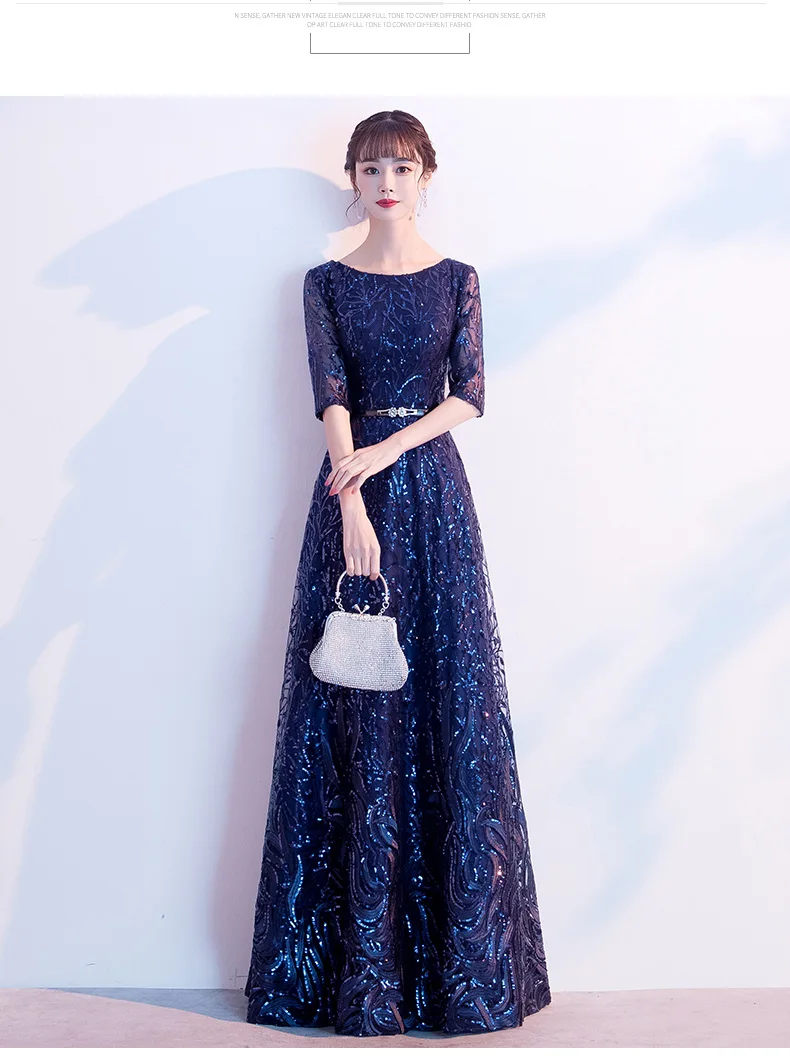 AE710 Robe De Soiree Формальное вечернее платье темно-синее расшитое блестками платье с круглым вырезом А-силуэта длиной до пола для вечеринок
