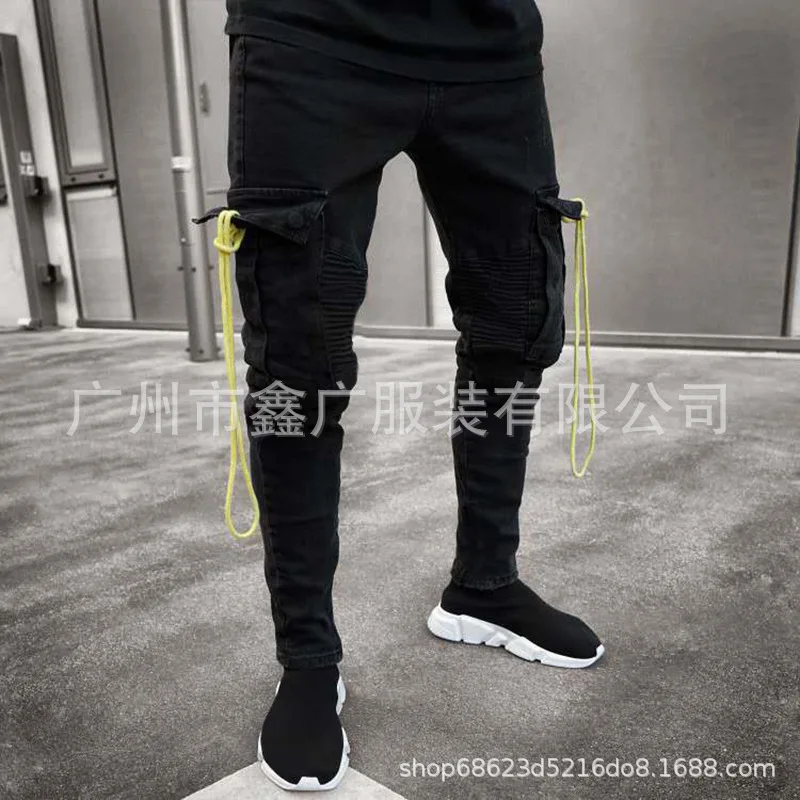 

Europe And America MEN'S Jeans Black And White with Pattern Elasticity with Holes Pencil Case Skinny Pants L0008