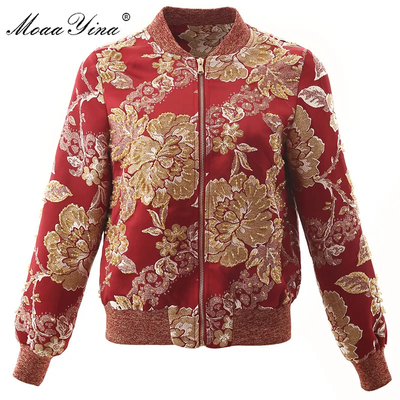 

MoaaYina High Quality Fashion Jacket jacket Autumn Women Gold Line Embroidery Floral Beading Elegant Short Jacket jacket