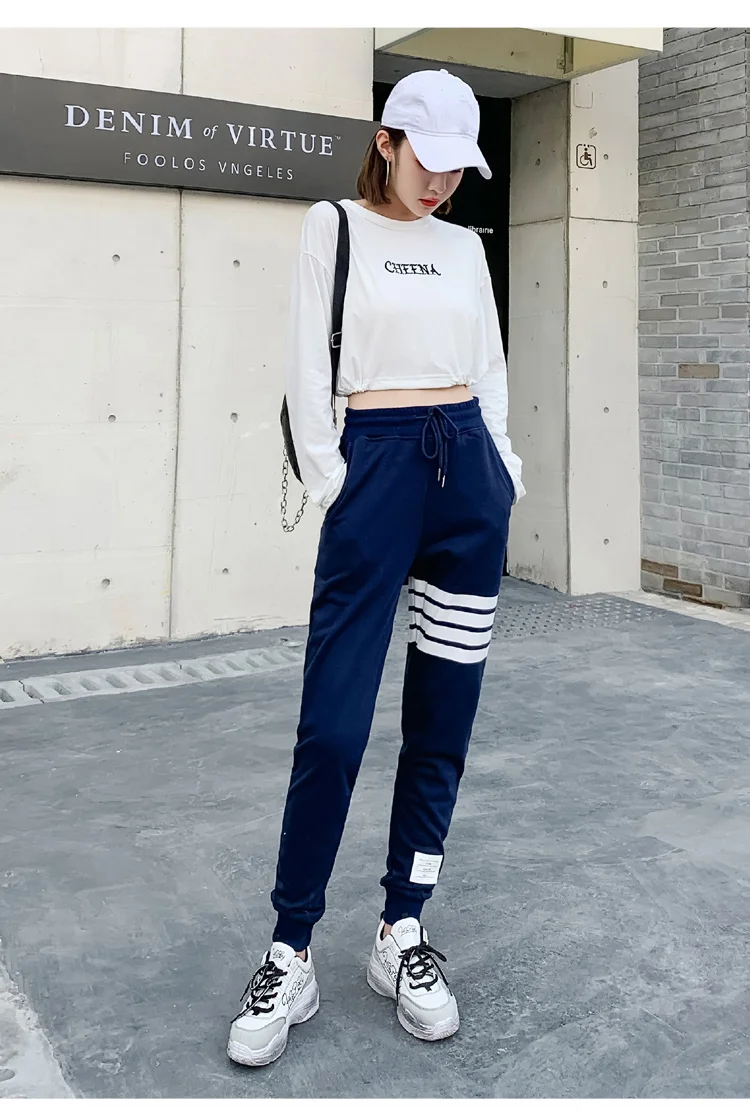 BIVIGAOS Four Bars Cotton Gray Sport Pants Women New Korean Casual Sweatpants Slim Joggers Pants Spring Autumn Sweat Pants