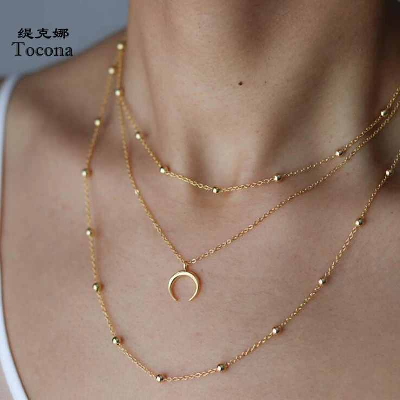 Tocona Charming Multi-layer Moon Pendant Necklace for Women 2020 Fashion Gold Bead Chain Chocker Jewelry Gift цепочка 9064 |