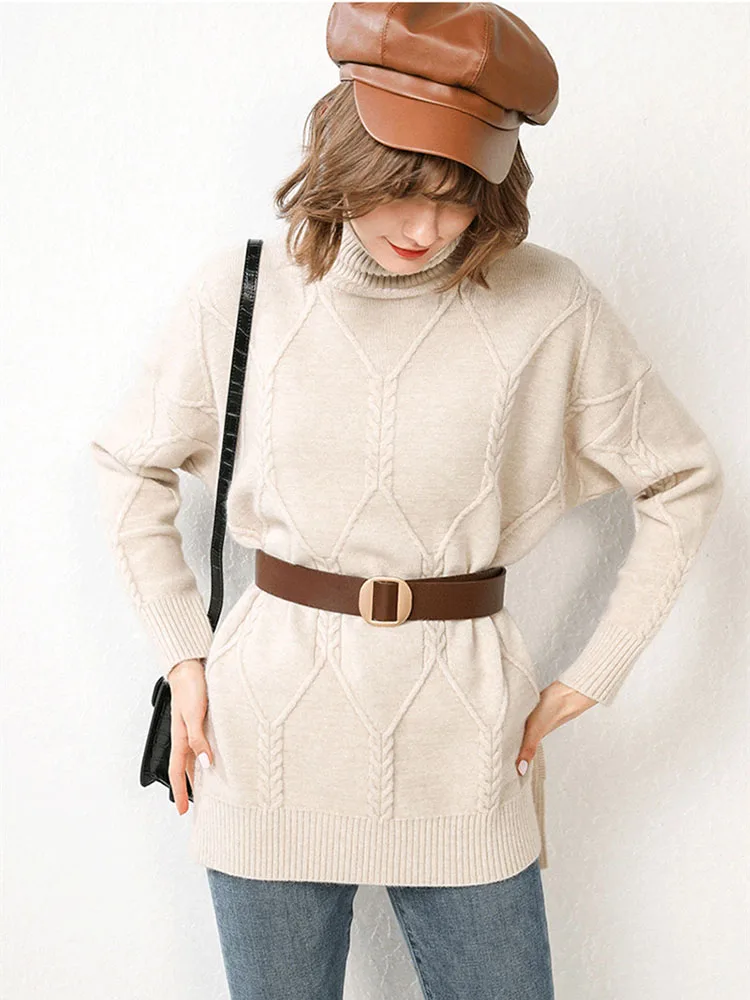 GCAROL корейский женский свитер с геометрическим рисунком и высоким воротом, толстый осенне-зимний вязаный джемпер средней длины, вязаный пуловер с разрезом - Цвет: Begie White