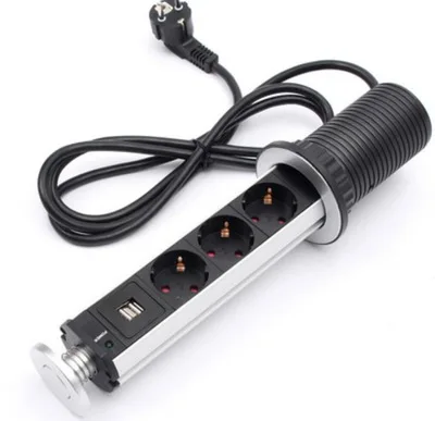 

EU Power Plug 16A PULL POP UP 3 Power Socket 2 USB Charging Port Kitchen Table Desktop SocketsRetractable Countertops Worktop