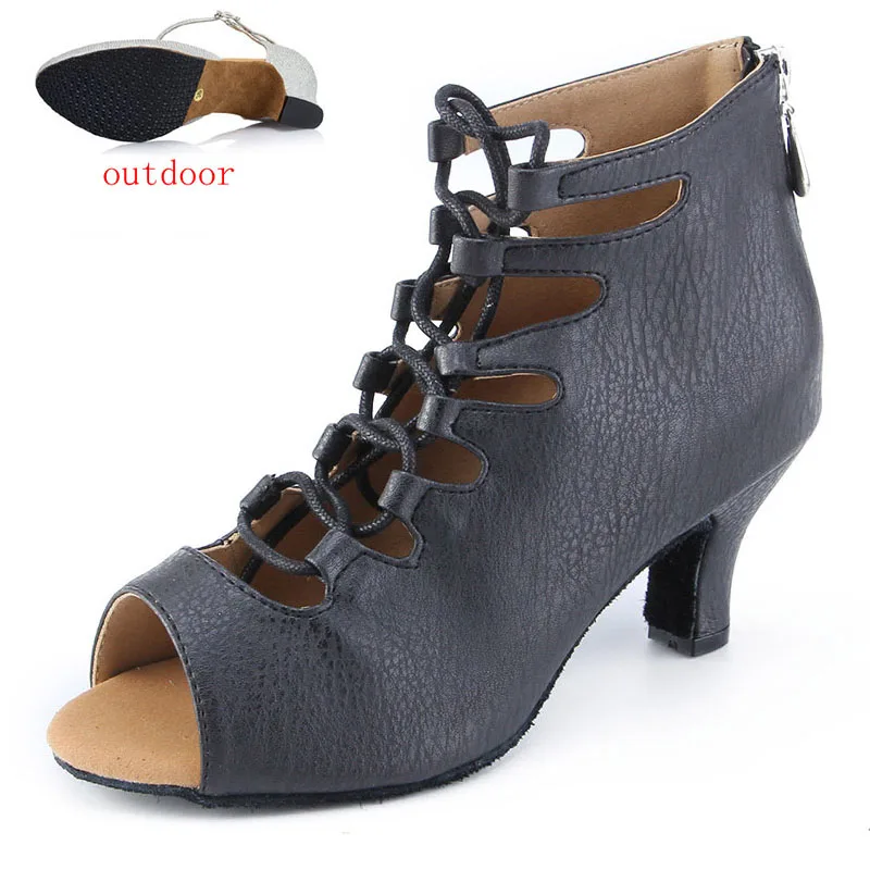 black 6cm outdoor Женская обувь для латинских танцев из воловьей кожи пу танцевальная обувь на каблуках обувь для латинских танцев расширяющийся к низу каблук 8 см узкая нога Регулировка ширины - Цвет: black 6cm outdoor