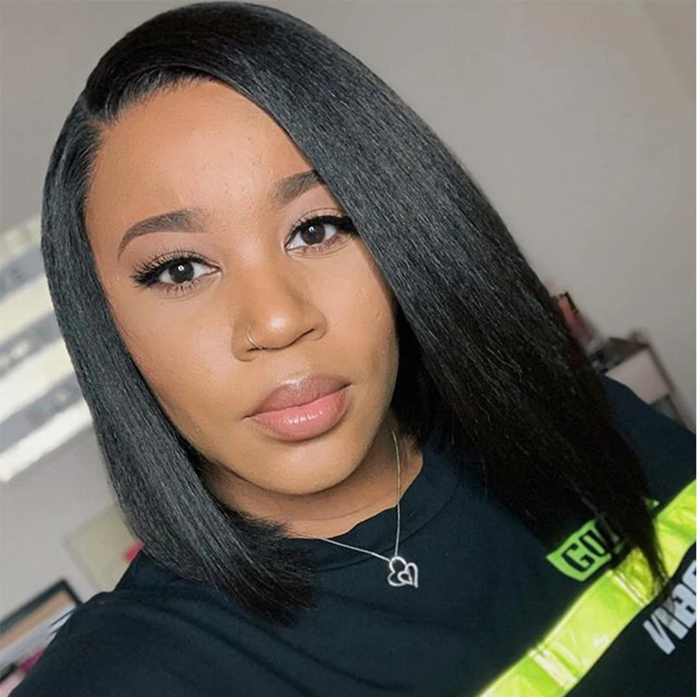 Yaki Human Hair Wig Short Bob Yaki Straight Lace Front Human Hair Wigs