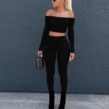 

2 Two Piece Set Women Ribbed Slash Neck Crop Top And Long Pants Set Sexy Long Sleeve Tracksuit Women Conjunto Feminino #T1G