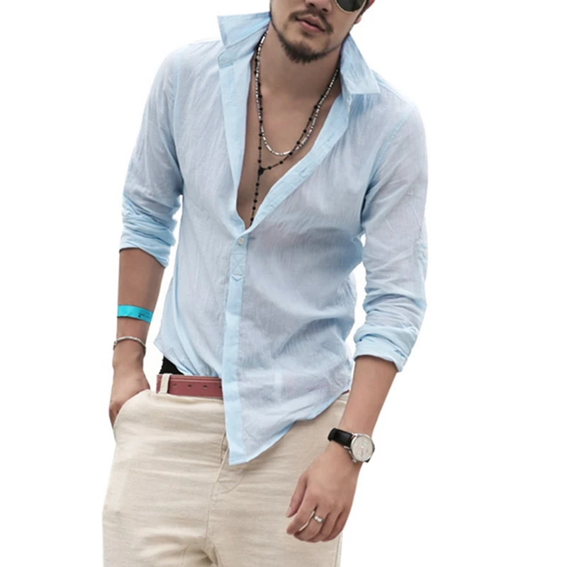 Light Blue Style 2 Сексуальная мужская блуза с длинным рукавом и v-образным вырезом, летняя модная повседневная облегающая футболка, Мужские дышащие льняные рубашки - Цвет: Light Blue Style 2