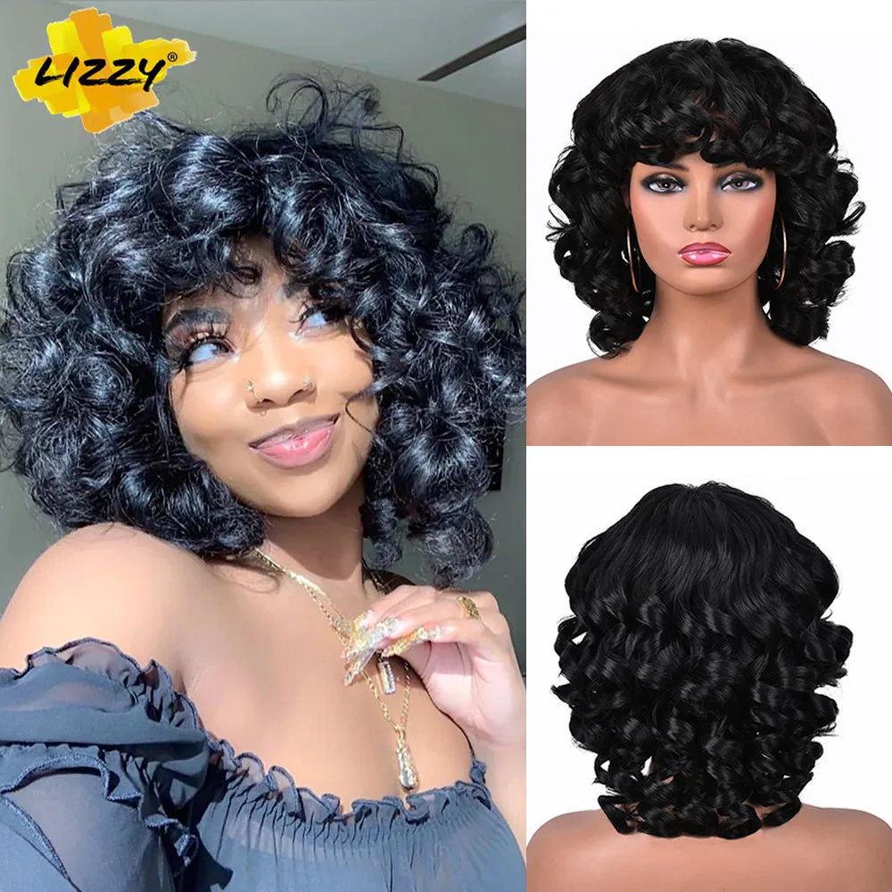 Hot Sale Natural Wigs Short-Hair Bangs Afro Curly Fluffy Cosplay Dark-Brown Black Synthetic Women dmx5MVAbJJX