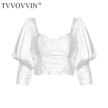 

TVVOVVIN NEW FASHION Womens Summer White Sexy Navel Exposed Backless Bow Puff Sleeve Fold Tops Shirt Blouse Q003