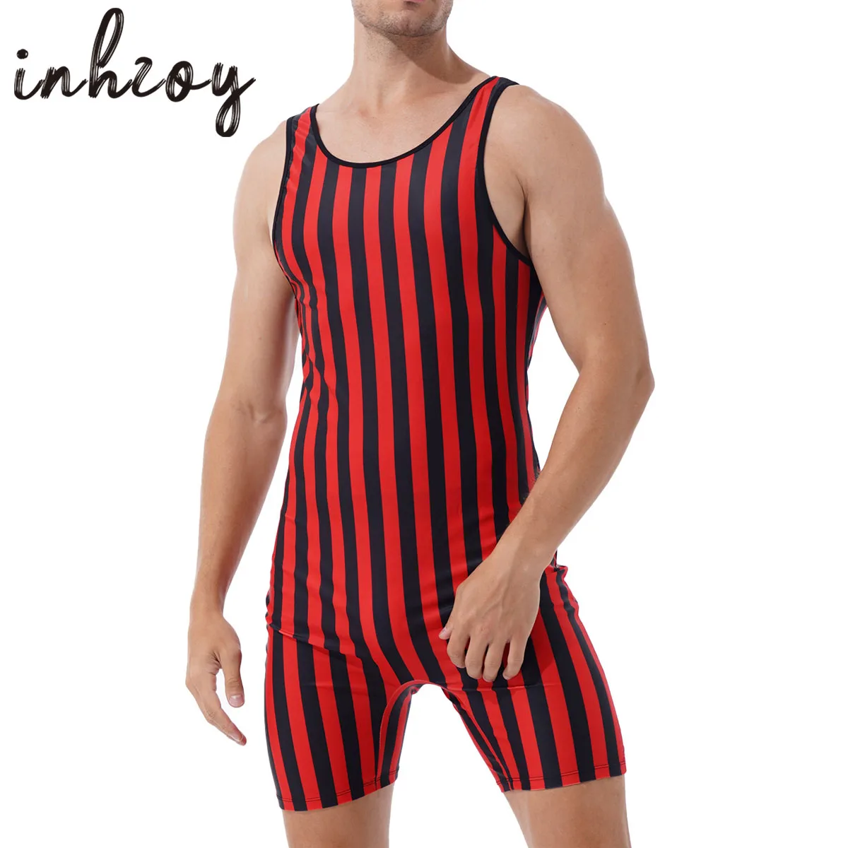 Mens Striped Wrestling Singlet Bodysuit High Elastic One-piece Weight Lifting Stretchy Leotard Athletic Fitness Shorty Jumpsuit
