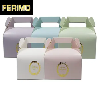 

30pcs 13*8.5*8cm Printed Paper Cake Cupcake Box Packaging With Handle Gold Stamping Gift Candy Paper Carton Boxes Wedding Party