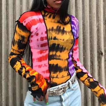

Women's 2020 Sexy Tie Dye Colorful Patchwork Turtleneck Long Sleeve Shirt Transparent Mesh 2020 Autumn Fashion Lady Slim Clothes