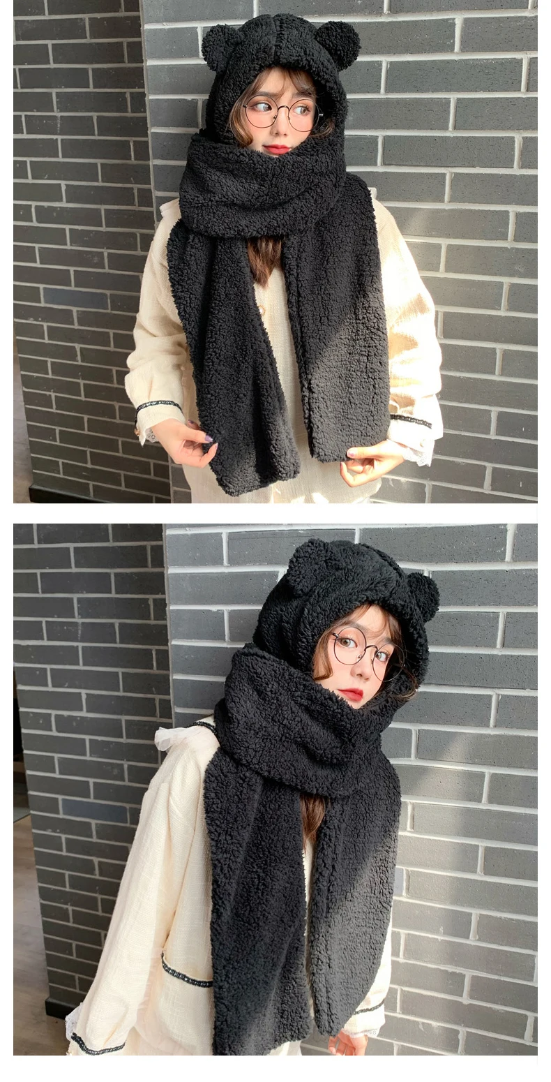 Bear ear protection hat female autumn and winter cute winter plush scarf hooded all-match Korean version to keep warm hat men's bomber hat rabbit fur