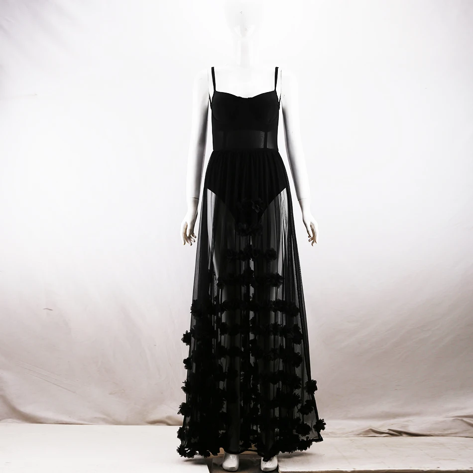Летнее новое женское черное Сетчатое длинное платье с цветочным принтом, Vestidos, сексуальное облегающее подиумное, вечерние, Бандажное платье