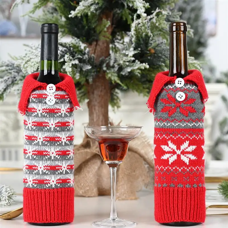 2PCS Christmas Bottle Cover Xmas Button Knitting Bottle Pouch Snowflake Pattern Red Wine Bottle Cover Xmas Party Ornament Decor