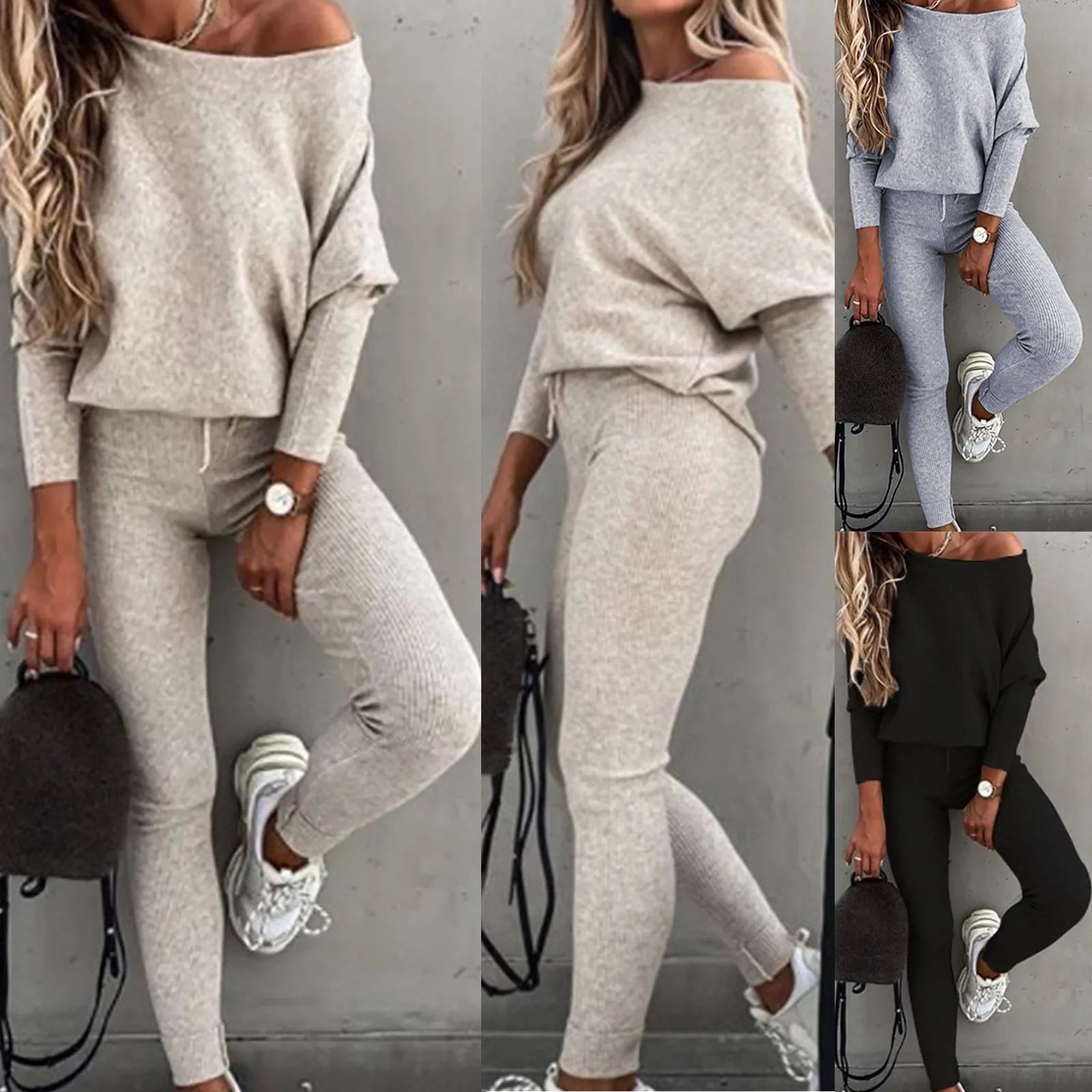 Conjunto de chándales con cordón para mujer, sudadera deportiva ajustada a la moda, traje informal de Color sólido con cuello redondo para invierno