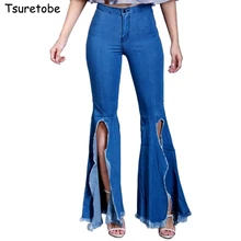 Tsuretobe размера плюс осенние рваные расклешенные джинсы женские уличные джинсовые широкие брюки с кисточками модные брюки с высокой талией