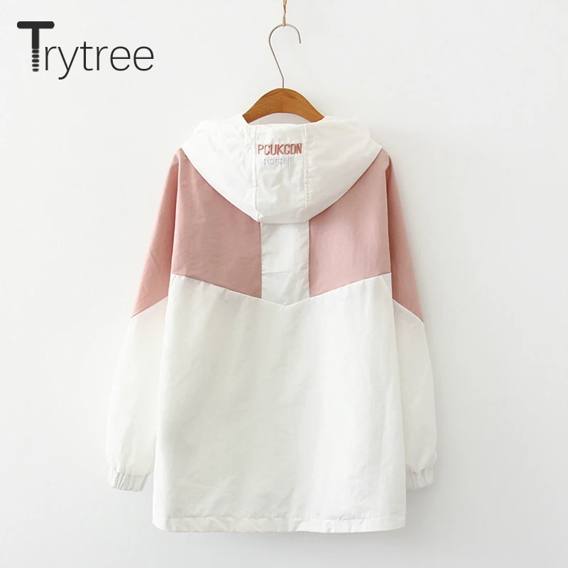 Trytree, осеннее пальто с капюшоном, повседневное, на молнии, женское, 3 цвета, пэчворк, полиэстер, карманы, с буквенным принтом, Тренч, модное, свободное, тонкое пальто