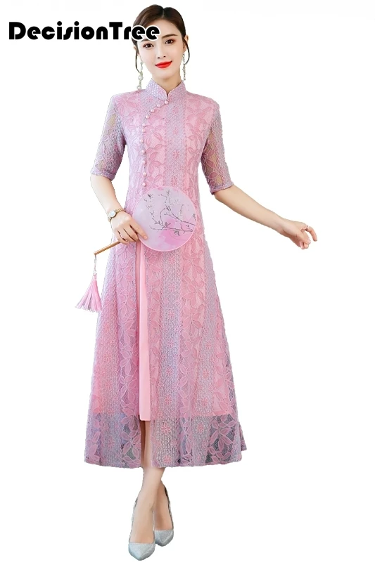 Винтажное повседневное Ретро cheongsam ao dai женское вьетнамское платье с вырезами, кружевное платье с воротником-стойкой, китайское платье в восточном стиле