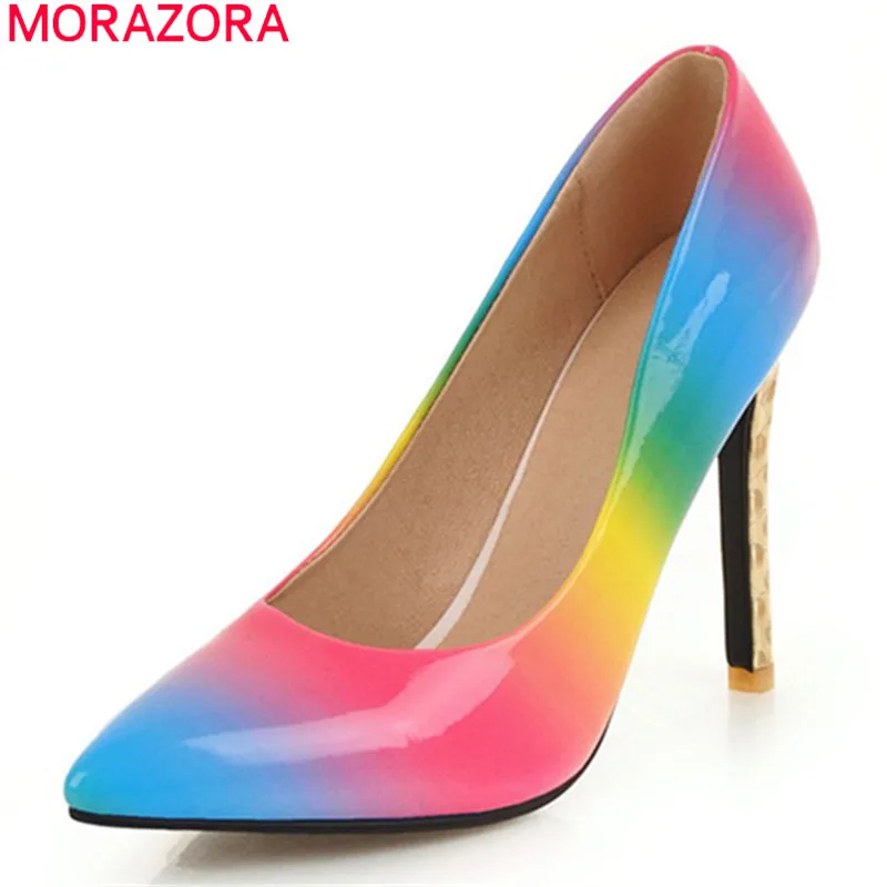 MORAZORA/; модные разноцветные женские туфли-лодочки; женские туфли с острым носком на высоком каблуке-шпильке; Летние пикантные вечерние туфли; большие размеры 34-45