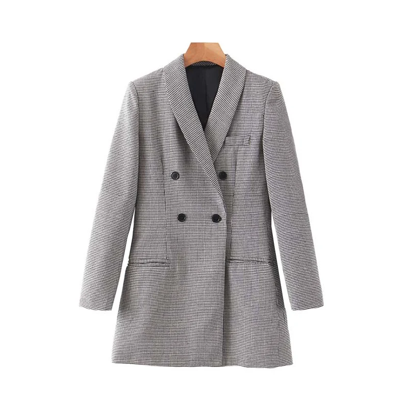 Vintage Stylish Office Wear Double Breasted Houndstooth Blazer Coat Women Fashion Long Sleeve Pockets Outerwear Chic Tops
