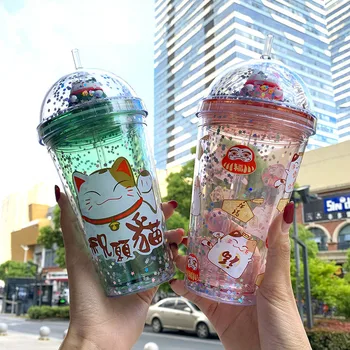 

Super Cute Colorful Lucky Cat Double Drinking Cups With Straw Leak Proof Outdoor Portable BPA Free Plastic Bottle Student Gift