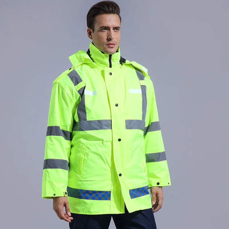 Светоотражающая рабочая одежда, ФЛУОРЕСЦЕНТНОЕ защитное пальто, дождевик с капюшоном, водонепроницаемая зимняя теплая уличная Мужская и женская униформа