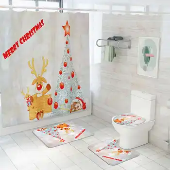 

Christmas Tree Printed Shower Curtain Set Cartoon Elk Bath Screen Toilet Cover Bathroom Mat Non-Slip Rug Kit Waterproof