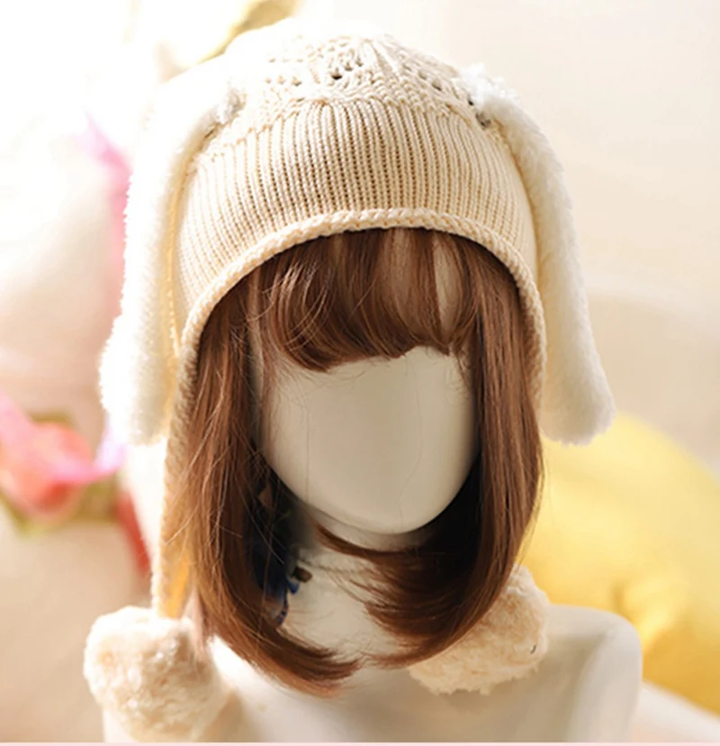 Rabbit Ear Beige Милая зимняя вязаная шапочка в стиле Лолиты для девочек, Рождественская шапка с рогами и шарами - Цвет: Rabbit Ear Beige