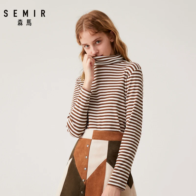 Женская футболка с длинным рукавом Semir, новинка, зимняя Приталенная футболка, теплая тонкая футболка с высоким воротом, Студенческая футболка