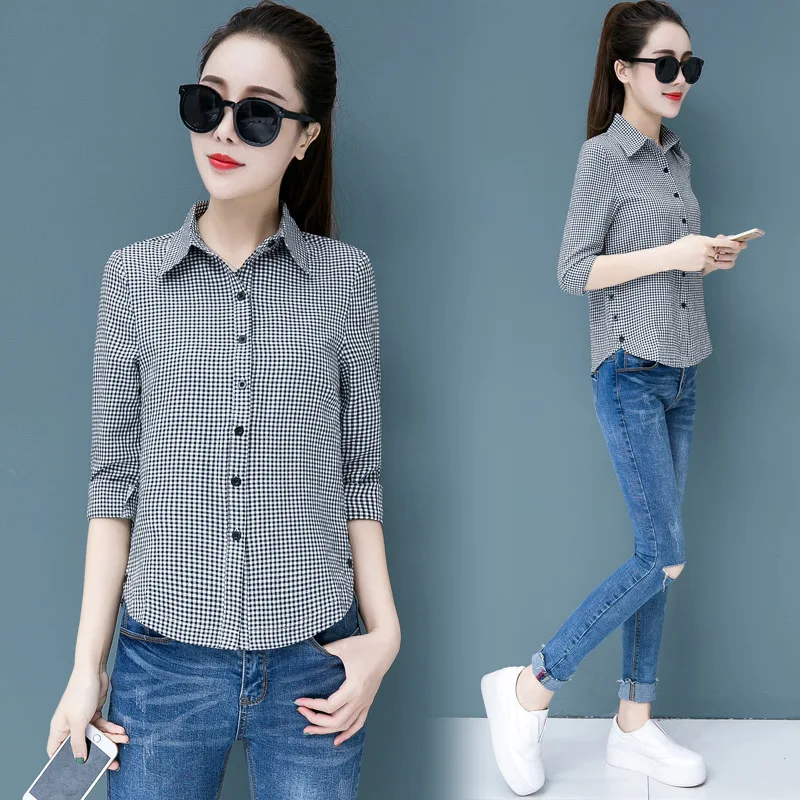 S-5XL Large Size Autumn Tops Fashion Korean Women Shirts Casual Long Sleeve Slim Button Plaid Blouse Plus Size Women Clothing