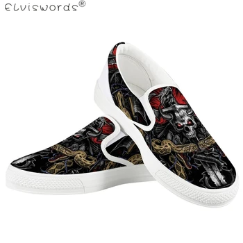 

ElVISWORDS Men Trendy White Leisure Lazy Shoes Punk Skull Printed Sneakers Spring Summer Breathable Slip On Flat Rubber Sneakers