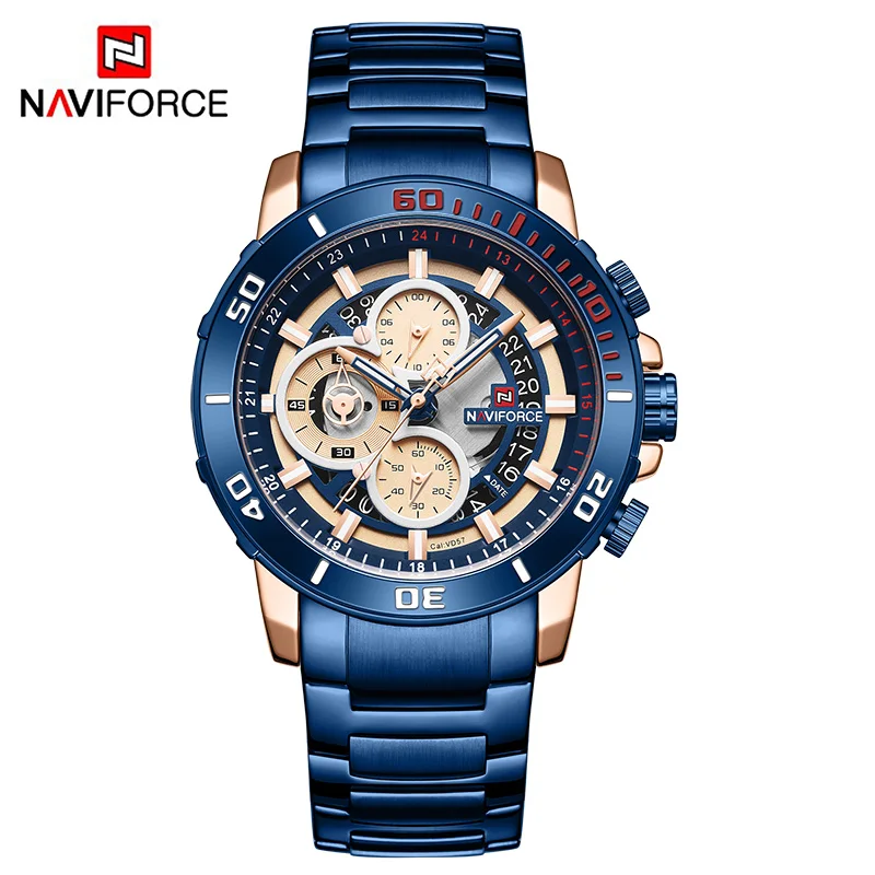 NAVIFORCE Men’s Watches Waterproof Steel Quartz Watch Men Military Chronograph Sport Wrist Watch Male Clock Relogio Masculino - Цвет: Rose Gold Blue