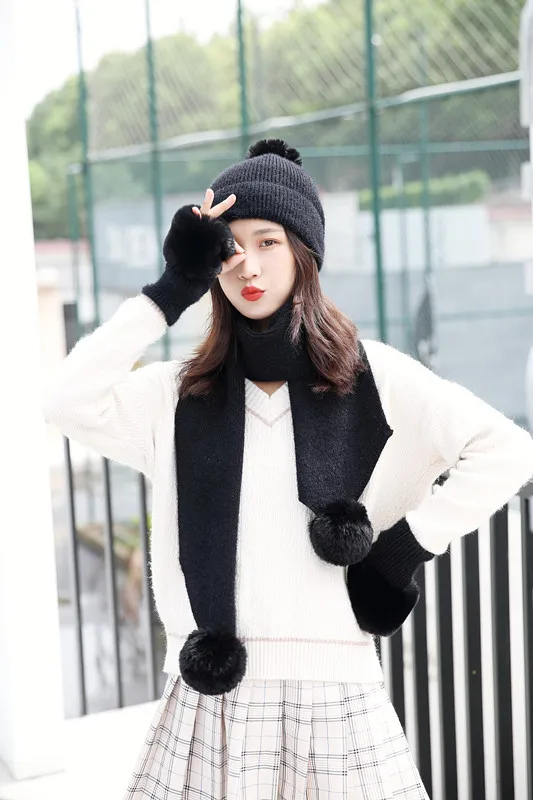 Winter Knitted Wool Hat Scarf Gloves Set Warm Three sets Women Men Plus velvet thickening women ball caps scarf girls
