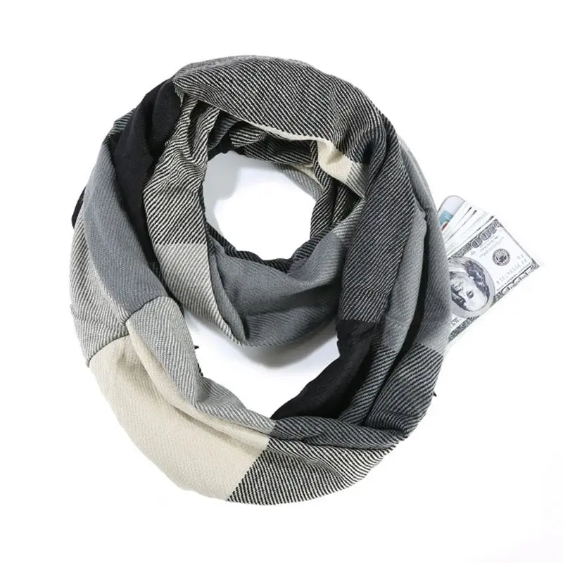 Women Men Winter Travel Pashmina Plaid Infinity Scarf with Hidden Zipper Pocket