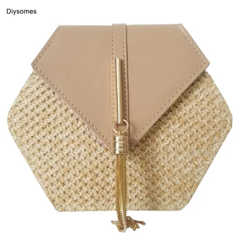 

Diysomes 2020 New Hexagon Mulit Style Straw Leather Handbag Women Summer Rattan Bag Handmade Woven Beach Bohemia Shoulder