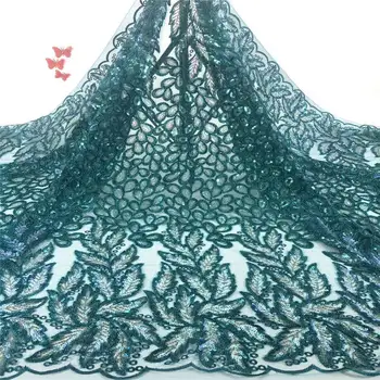 

2020 Latest Green African Lace Fabric Embroidered Nigerian Sequins Lace High Quality French Tulle Lace Fabric For Wedding LYX05
