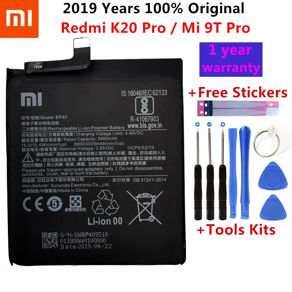 

100% Original Battery For Xiaomi Redmi K20 Pro / Mi 9T Pro 3900mAh BP40 Replacement Li-ion Polymer Phone Battery Repair Parts