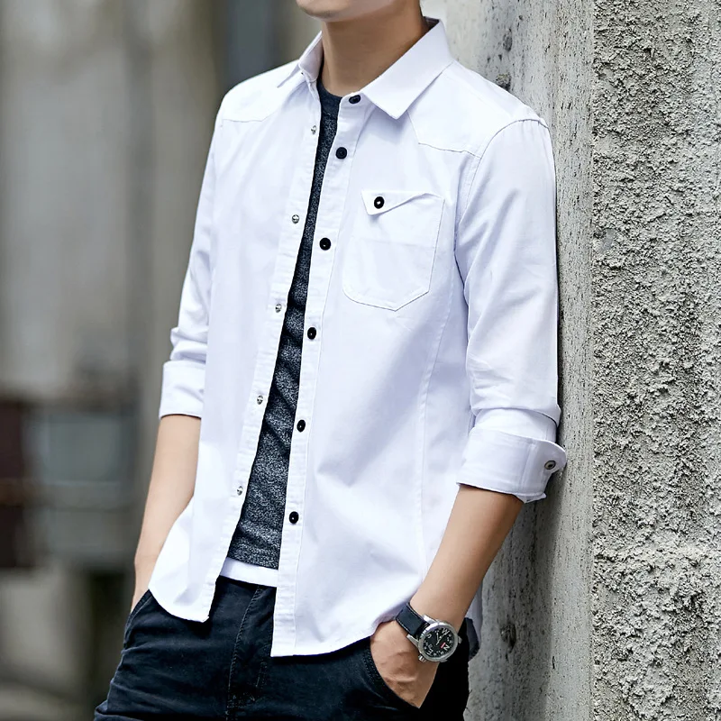 white Casual Shirt Мужские рубашки, повседневная хлопковая рубашка в стиле милитари, синяя приталенная винтажная куртка с карманом и длинным рукавом, уличная одежда, Прямая поставка - Цвет: white Casual Shirt