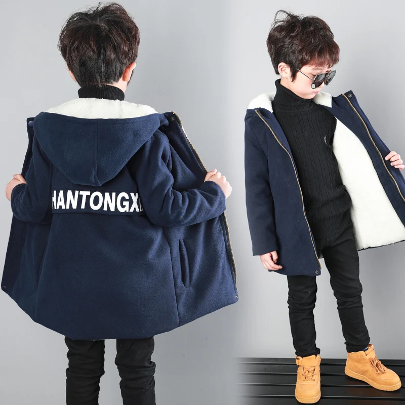 navy blue Куртки для мальчиков от 4 до 15 лет, Вельветовая парка с хлопковой подкладкой для детей, пальто Зимняя утепленная одежда на молнии с капюшоном теплая детская верхняя одежда - Цвет: navy blue