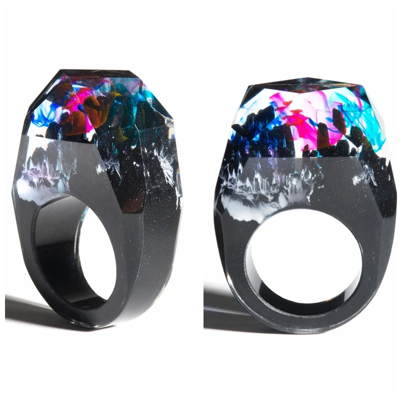 

2019 New Fashion Sky Blue Wooden Resin Ring Female Forest Creative Handmade Waterfall Sky Micro Landscape Ring for Women