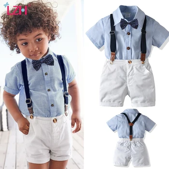 

Children Baby Boys Clothing 2020 Summer Toddler Kids Boys Clothes Sets Gentleman Striped Shirt Overalls 4 Piece Set Outfit Suit